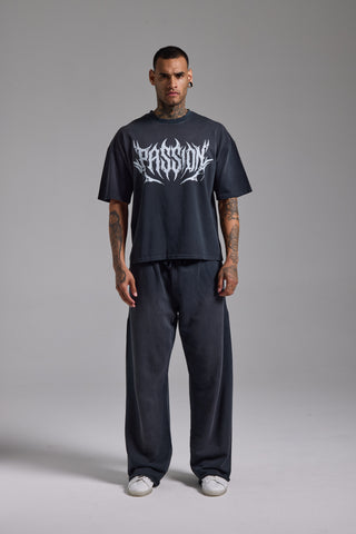 Washed Passion Script Boxy Fit Tshirt | Puslu Siyah