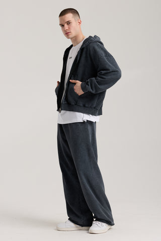 Essential Wave Washed Full Zip Hoodie | Puslu Siyah