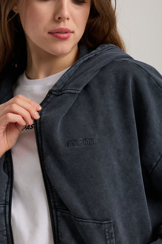 Essential Wave Washed Full Zip Hoodie | Puslu Siyah