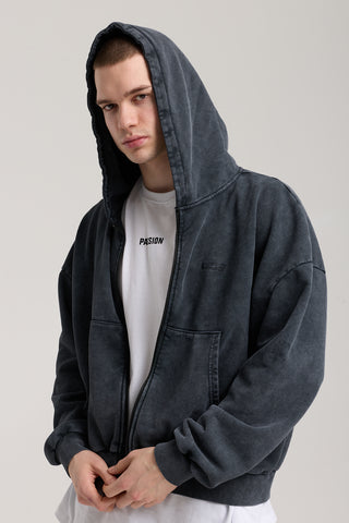 Essential Wave Washed Full Zip Hoodie | Puslu Siyah