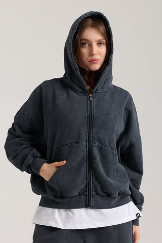 Essential Wave Washed Full Zip Hoodie | Puslu Siyah
