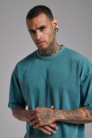 Washed Passion Brush Boxy Fit Tshirt | Petrol Yeşili