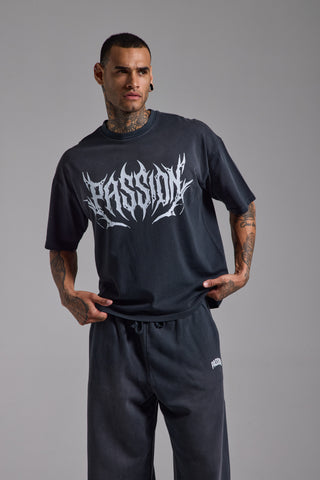 Washed Passion Script Boxy Fit Tshirt | Puslu Siyah
